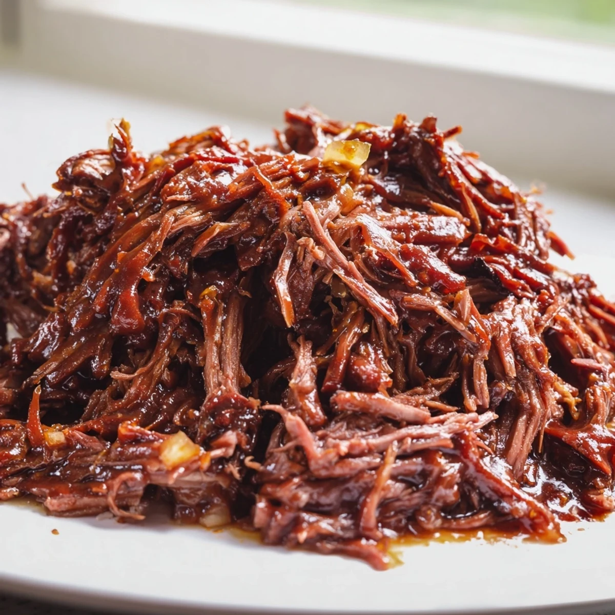 Hearty slow cooker BBQ pulled beef piled high on a toasted bun with creamy coleslaw