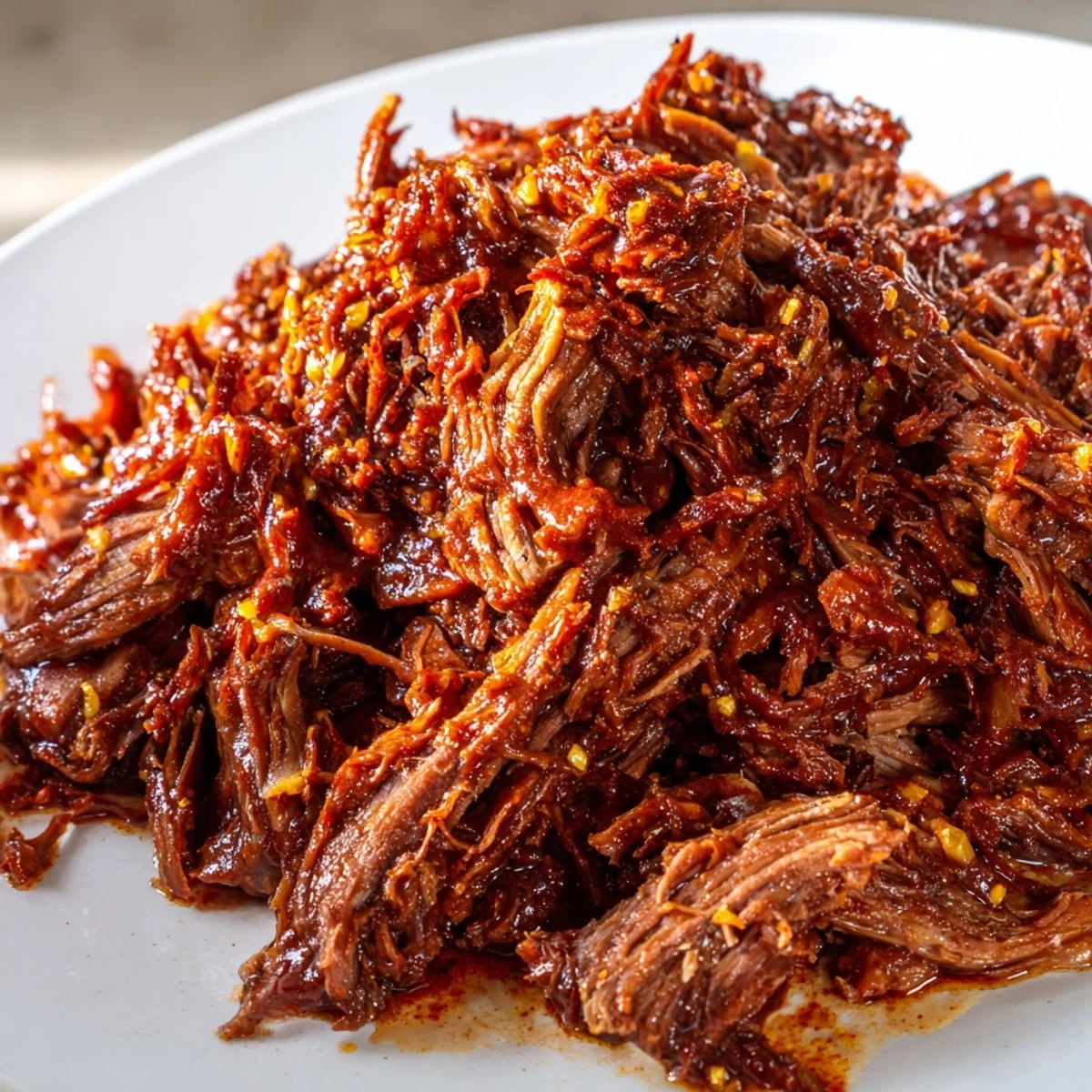 Fork-shredded slow cooker BBQ pulled beef glistening with tangy sweet barbecue sauce in a crock