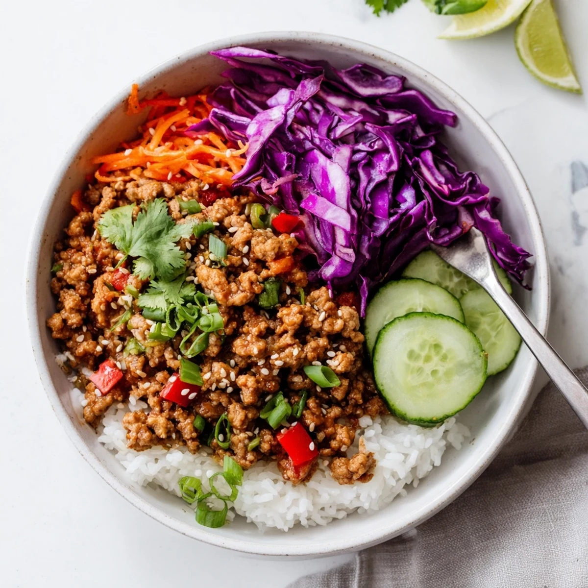 Savory ground turkey rice bowls garnished with fresh cilantro and lime wedges