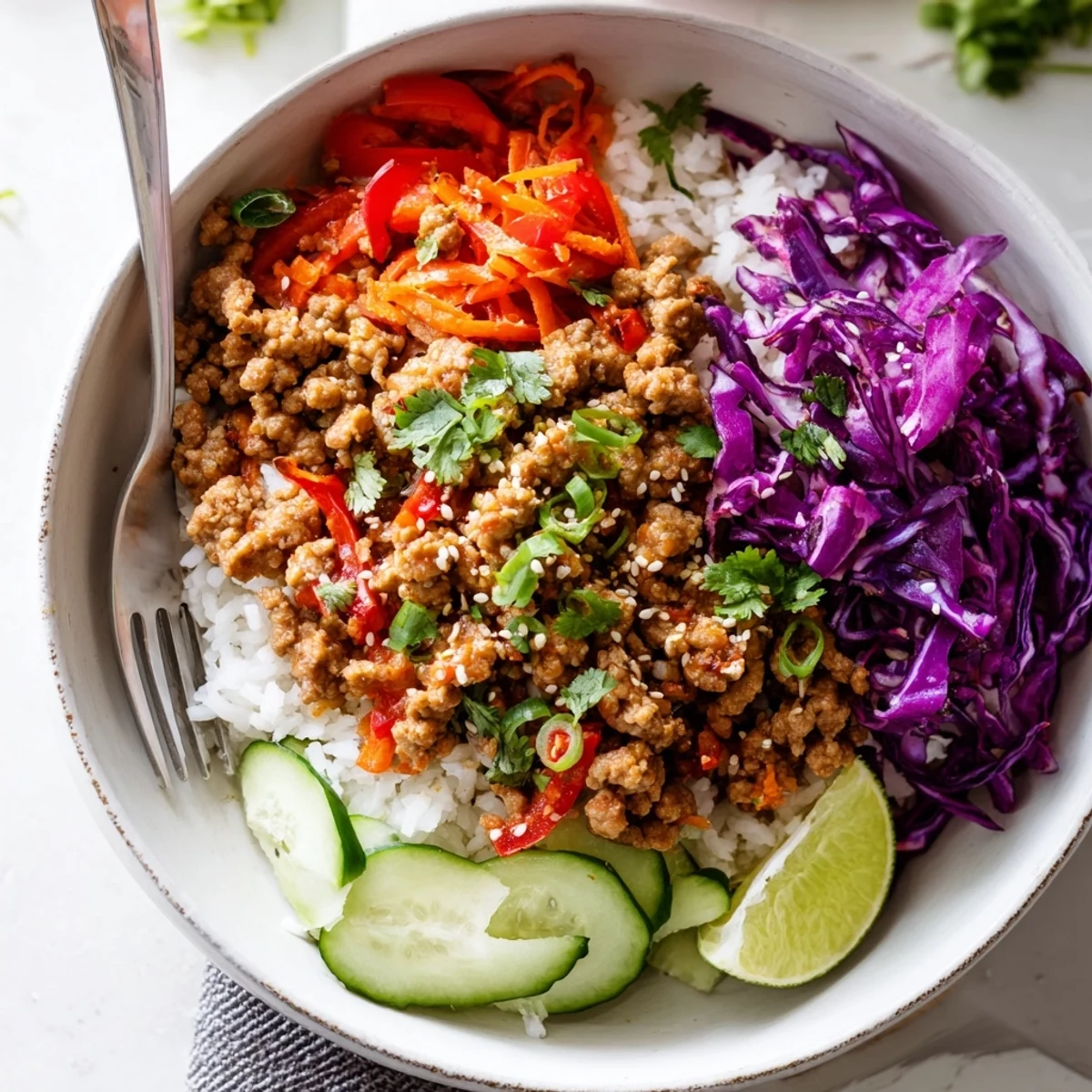 Colorful ground turkey rice bowls drizzled with tangy sauce on fluffy jasmine rice