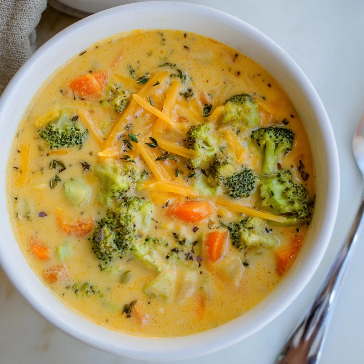 Creamy slow cooker broccoli cheese soup in a rustic bowl with crusty bread