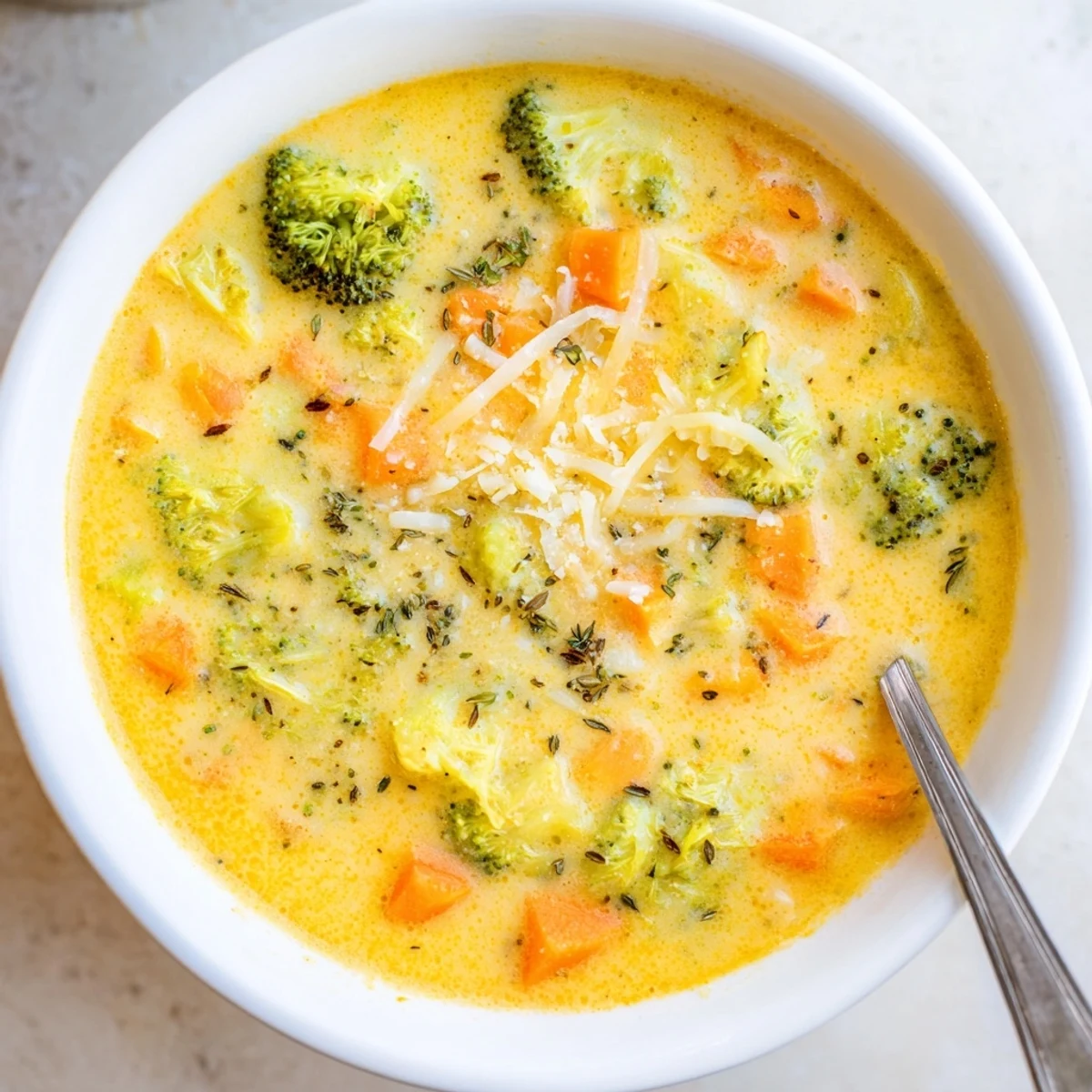 Steaming bowl of slow cooker broccoli cheese soup topped with melted cheddar shreds