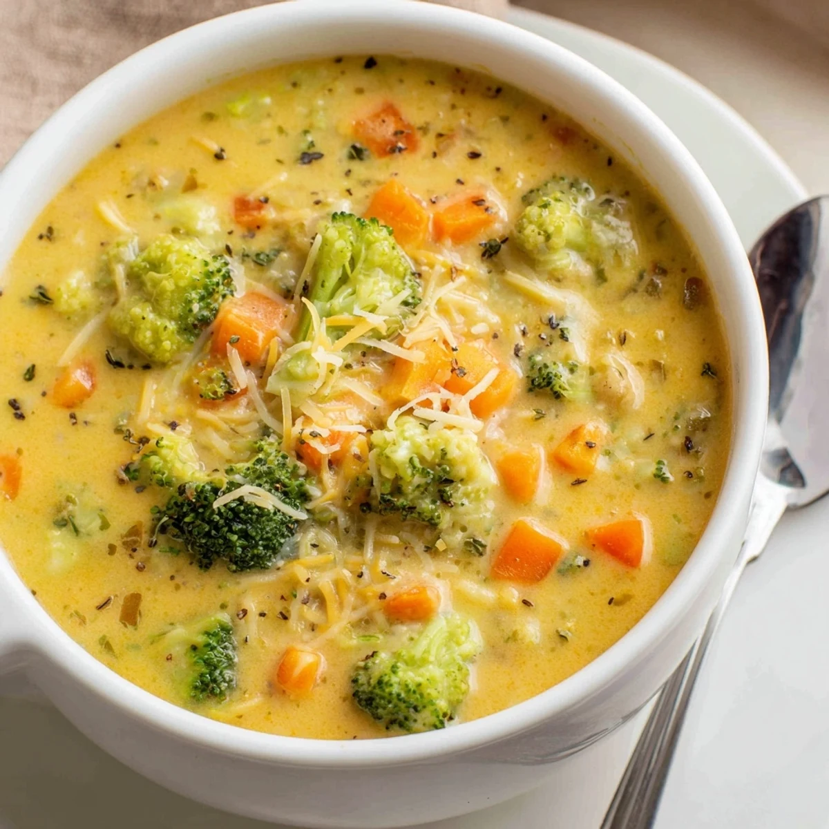 Thick golden slow cooker broccoli cheese soup ladled into a mug beside scattered broccoli florets