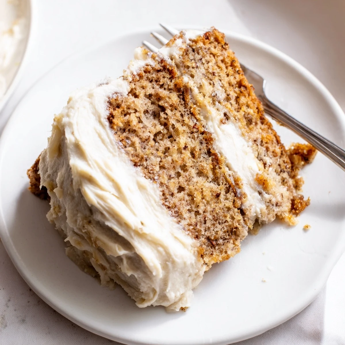 Brown Butter Banana Cake sliced thick with pillowy cream cheese frosting on a rustic wooden board