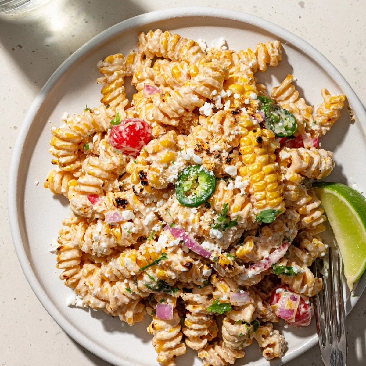 Creamy Elote Street Corn Pasta Salad topped with crumbled cotija cheese and fresh cilantro