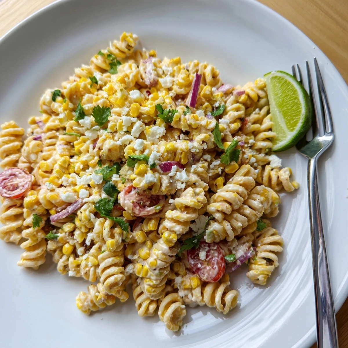 Smoky grilled corn and tangy lime dressing coat this colorful Elote Street Corn Pasta Salad