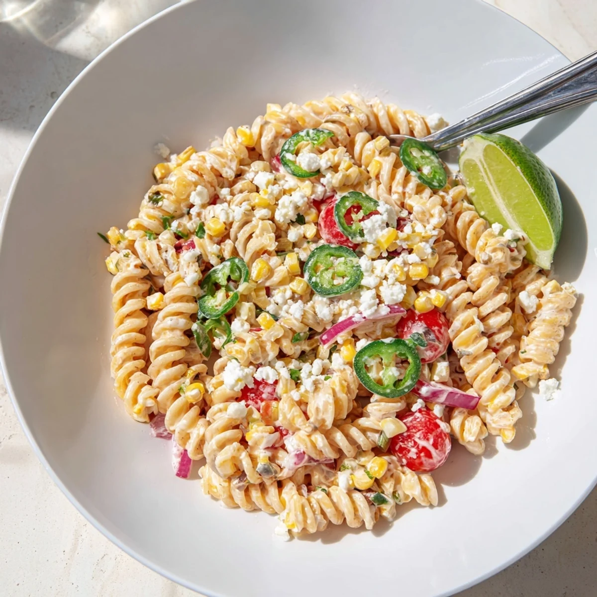 Vibrant Elote Street Corn Pasta Salad served in a bowl with cherry tomatoes and lime wedges