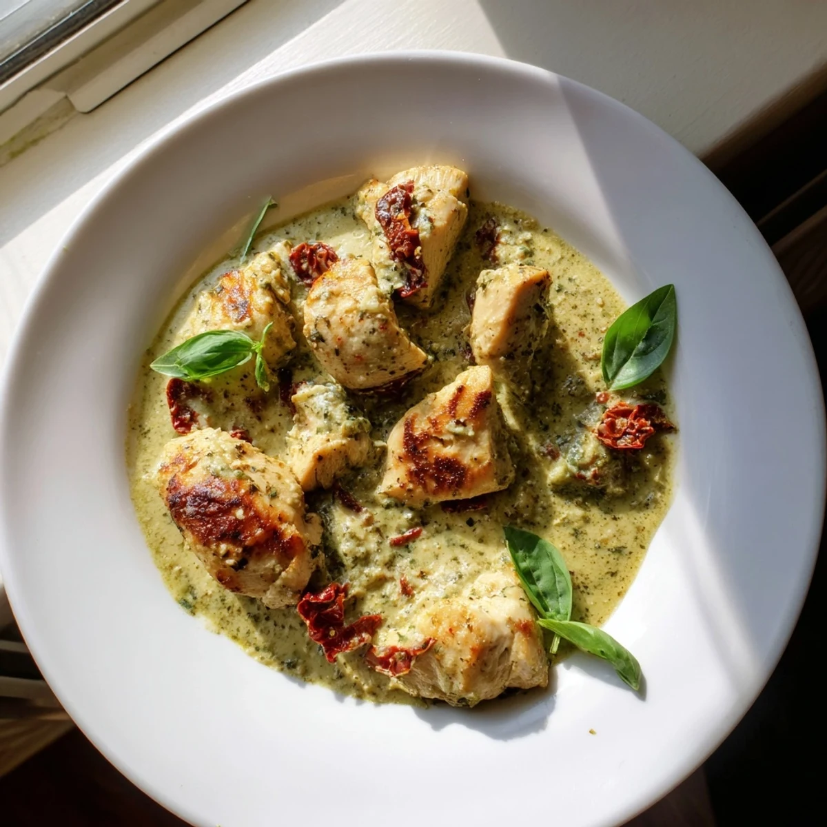 Golden seared Marry Me Chicken Pesto nestled in a creamy, vibrant green sauce with sun-dried tomatoes and fresh basil