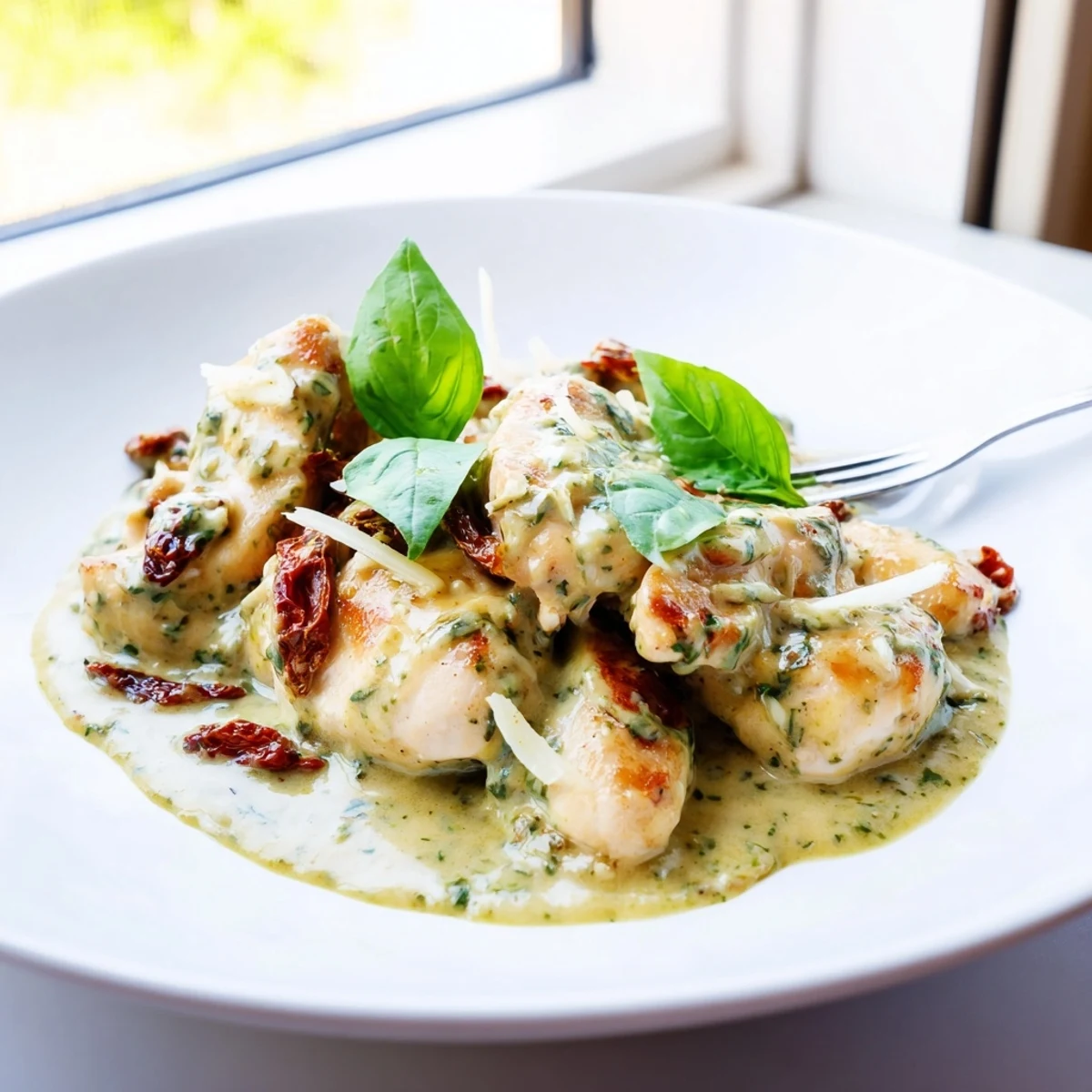 Juicy Marry Me Chicken Pesto swimming in a rich Parmesan pesto cream sauce topped with torn basil leaves