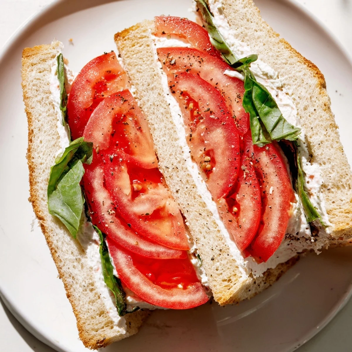 Classic tomato sandwich layered with thick slices and fragrant basil leaves