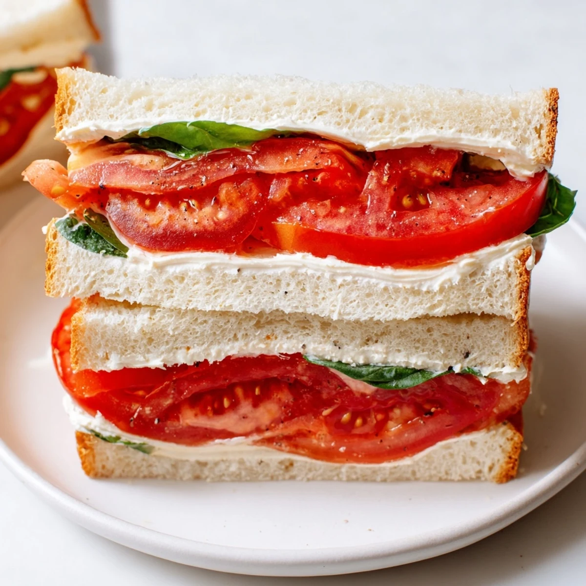 Crisp golden bread holding plump tomato slices in a hearty vegetarian sandwich