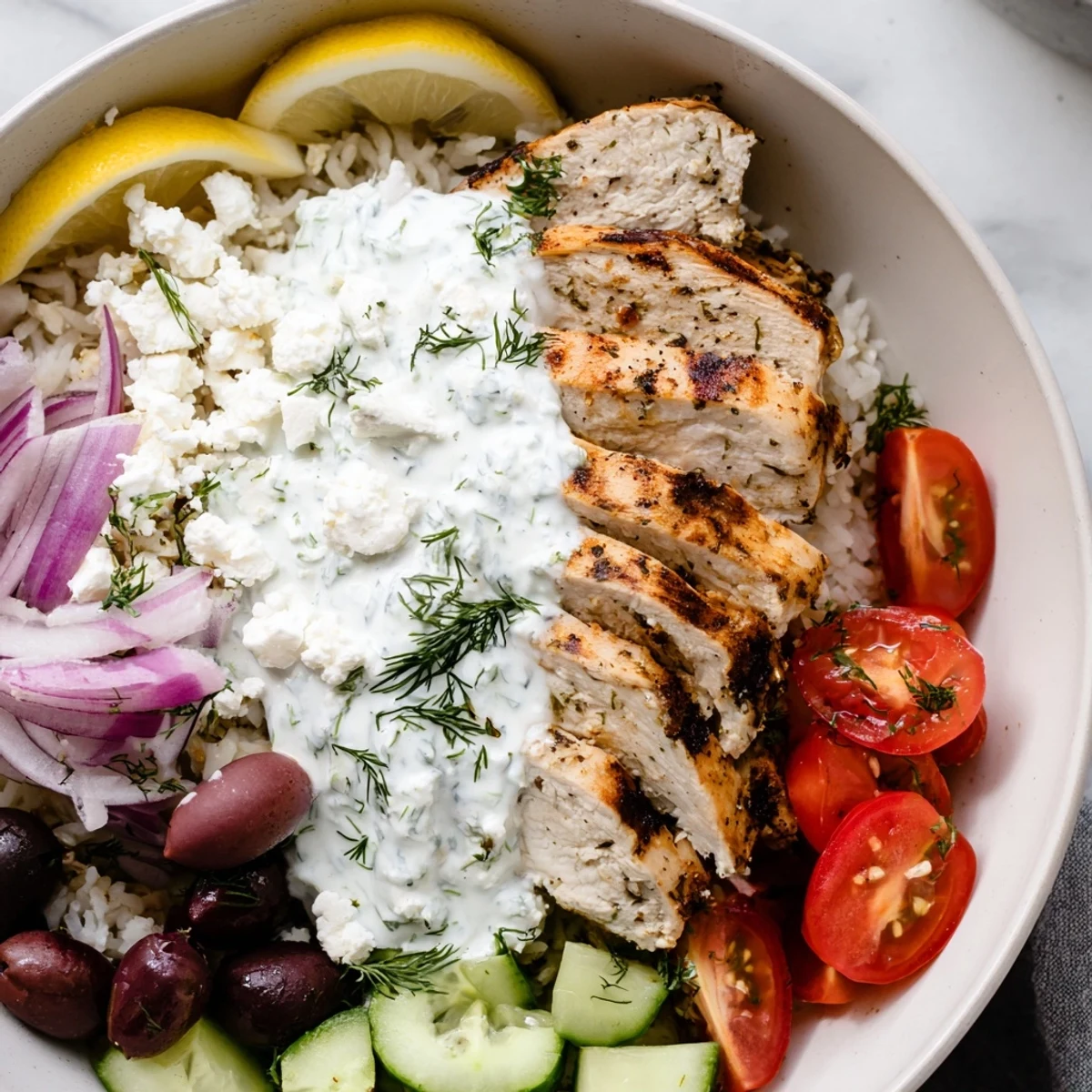 Juicy herb-marinated grilled Greek chicken bowls with crisp cucumbers and creamy tzatziki