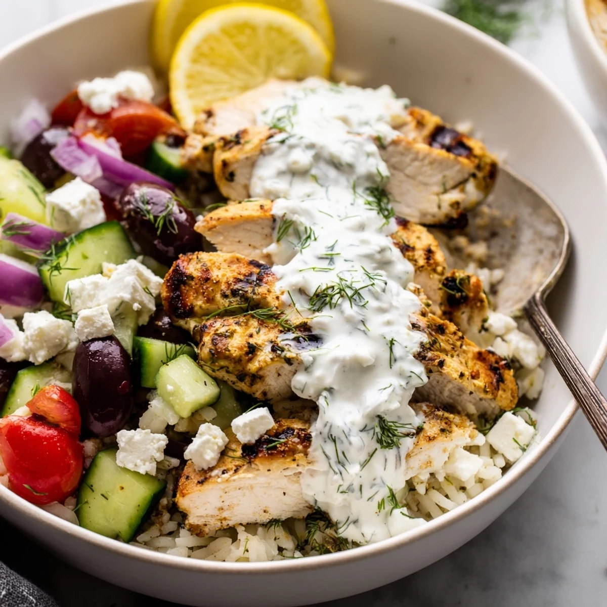Colorful Greek chicken bowls layered with fluffy rice, ripe tomatoes, and tangy feta