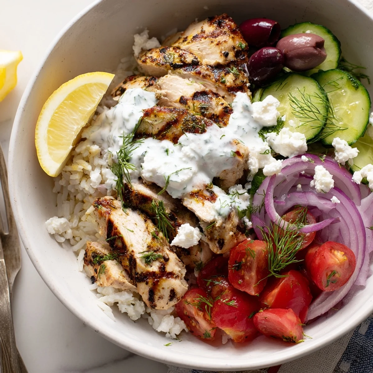 Sizzling oregano-seasoned Greek chicken bowls topped with cool tzatziki and briny olives