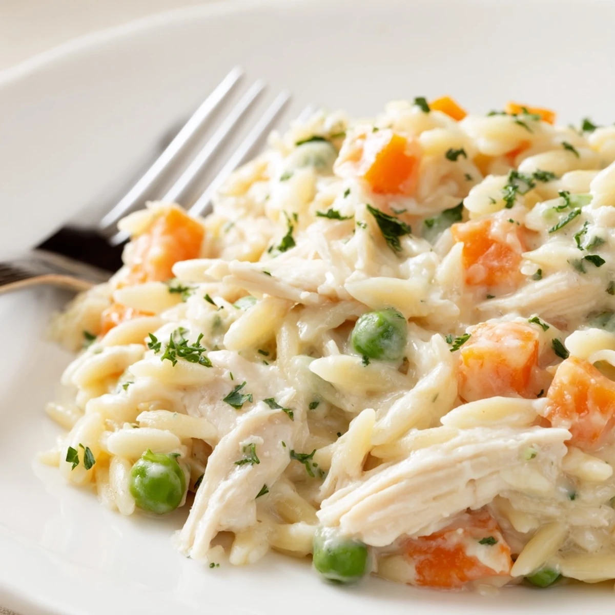 A heaping spoonful of creamy chicken pot pie orzo loaded with tender vegetables.