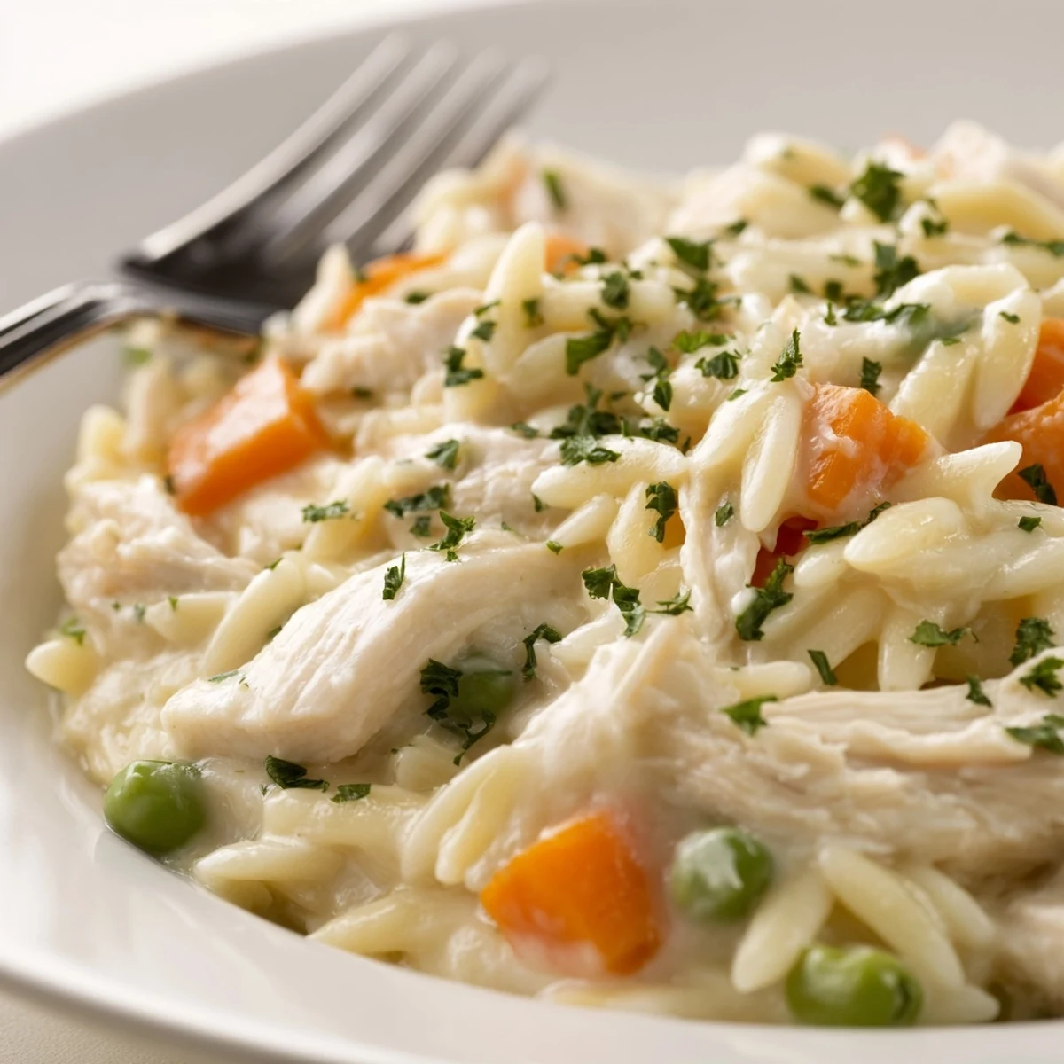Creamy chicken pot pie orzo served steaming in a rustic bowl with fresh parsley.