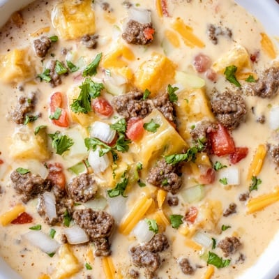 Creamy, melted cheddar and processed cheese swirl into the savory ground beef, creating the ultimate Beef Queso Dip.