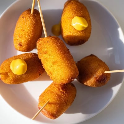 A close-up of bite-sized corn dogs on a plate with skewers, perfect fairground-style snack for game day parties.  