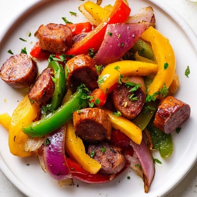 Juicy slices of beef sausage and tender peppers in the Beef Sausage and Pepper Skillet, garnished with fresh parsley for a hearty meal.