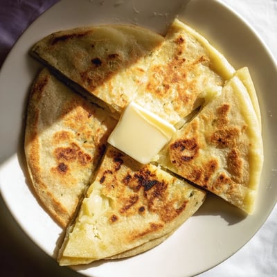 A freshly cooked Irish potato bread farl sizzles in a skillet, brushed with melted butter and lightly dusted with flour.