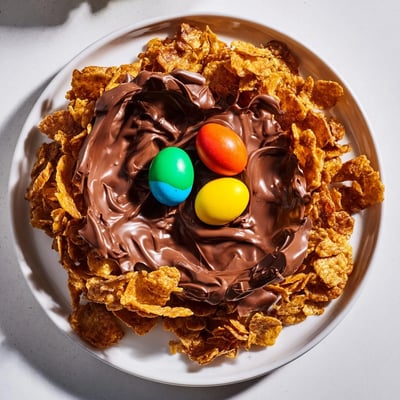 A close-up view of Chocolate Easter Egg Nests showcases the crunchy texture and glossy chocolate coating, perfect for festive spring gatherings.  