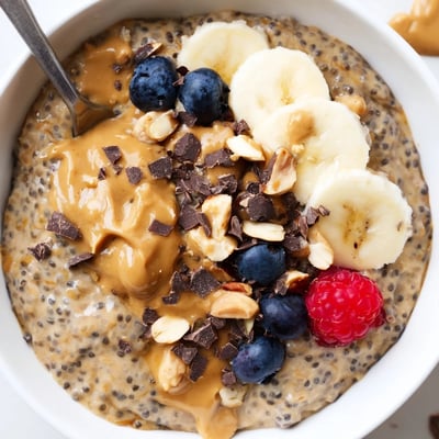Thick peanut butter chia pudding in glass jars drizzled with maple syrup