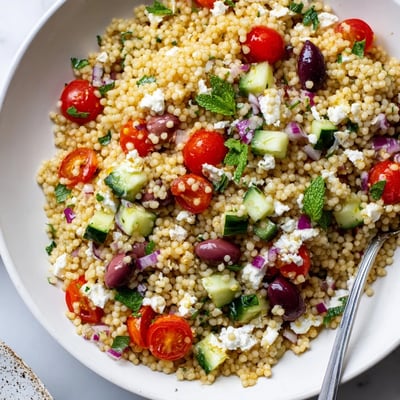 Mediterranean Couscous Salad drizzled with glistening hot honey lemon vinaigrette, flecked with fresh herbs