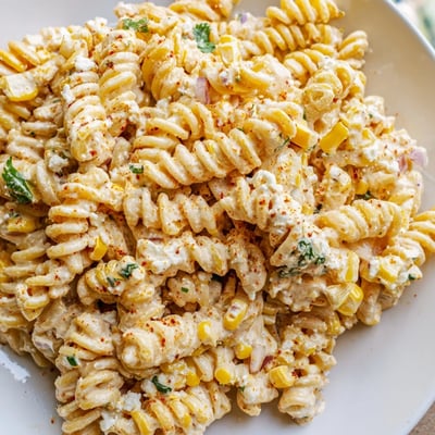 Bowl of elote pasta salad with charred sweet corn and zesty lime dressing