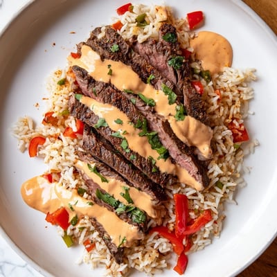 Sizzling steak queso rice topped with tender seared beef and vegetables