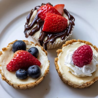 Golden graham cracker crust mini cheesecakes drizzled with rich chocolate ganache