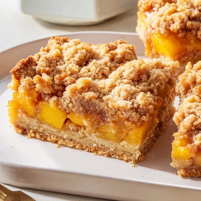 Warm sweet and buttery peach bars with cinnamon streusel cut into squares topped with ice cream