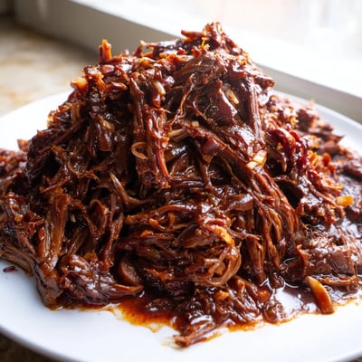 Tender slow cooker BBQ pulled beef coated in rich smoky sauce ready for serving
